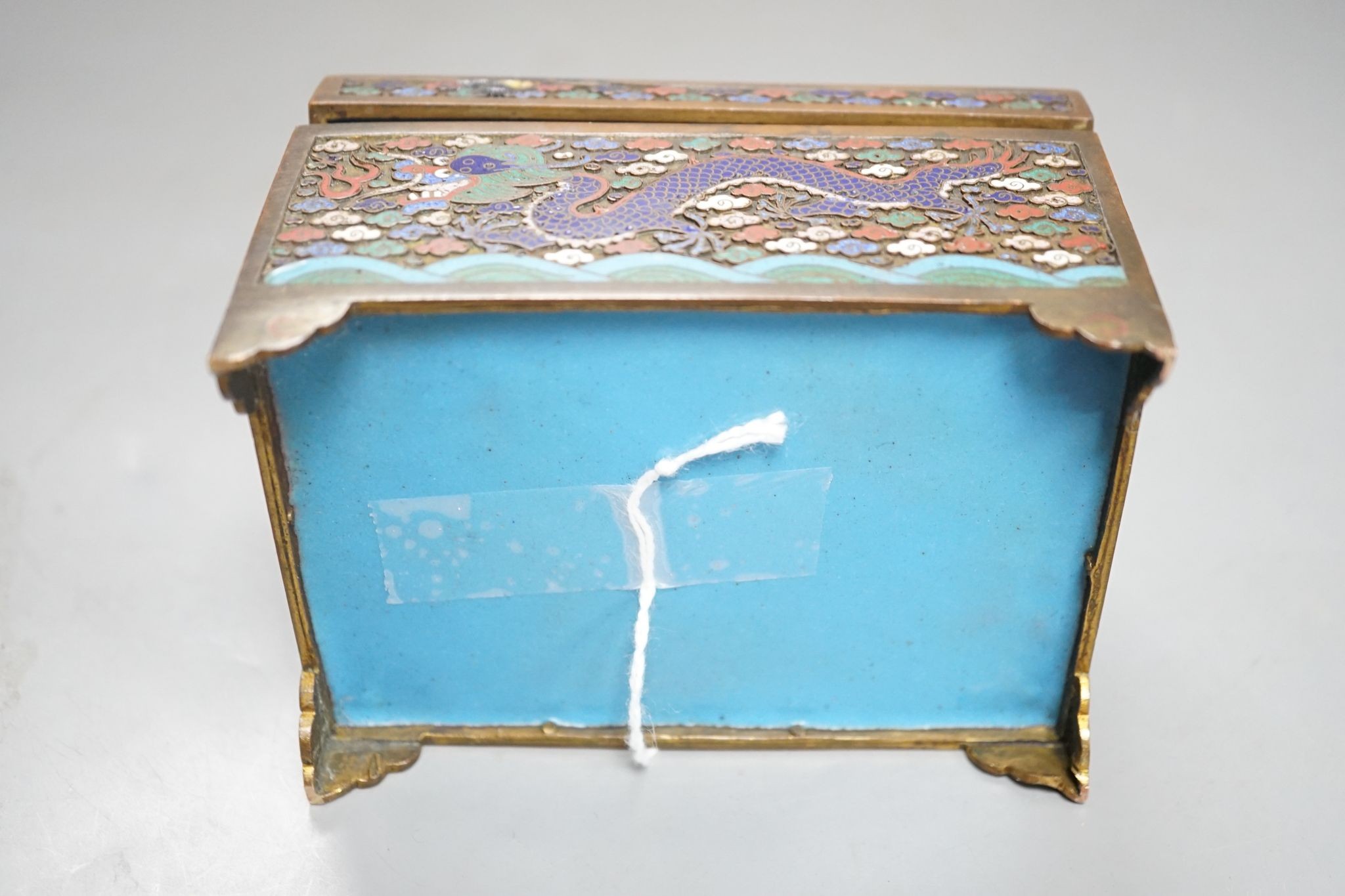 A Chinese bronze and cloisonné enamel ‘dragon’ box and cover, early 20th century, 6 cms high x 11.5 cms wide.